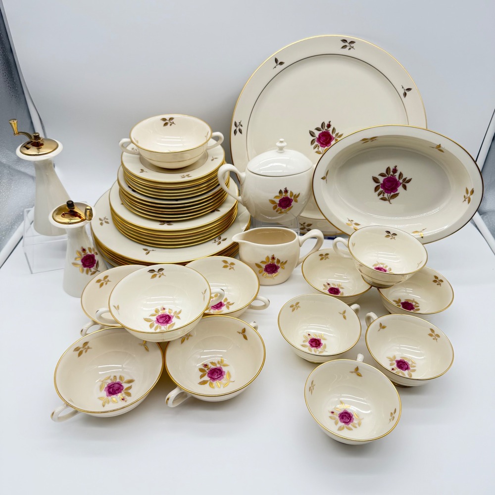 Lenox Rhodora P-471 China Set Pink Rose Gold Leaf Service for 6 Vintage USA